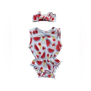 Funny Co Kid Size 70 Watermelon Print Romper and Headband